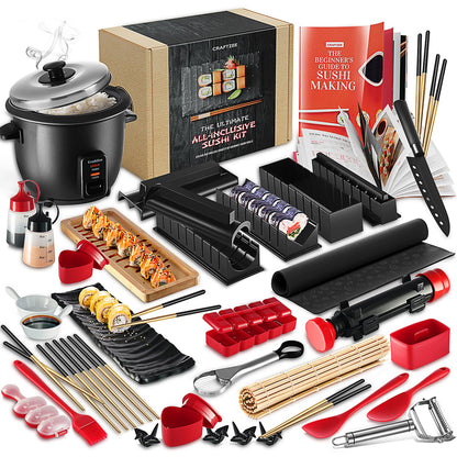 CraftZee All-Inclusive 𝗣𝗥𝗘𝗠𝗜𝗨𝗠 Sushi Making Kit for Beginners & Professionals - Sushi Maker with Rice Cooker, Reusable Chopsticks, Bazooka, Sushi Roller, Book - Sushi Kit for Family BPA-Free