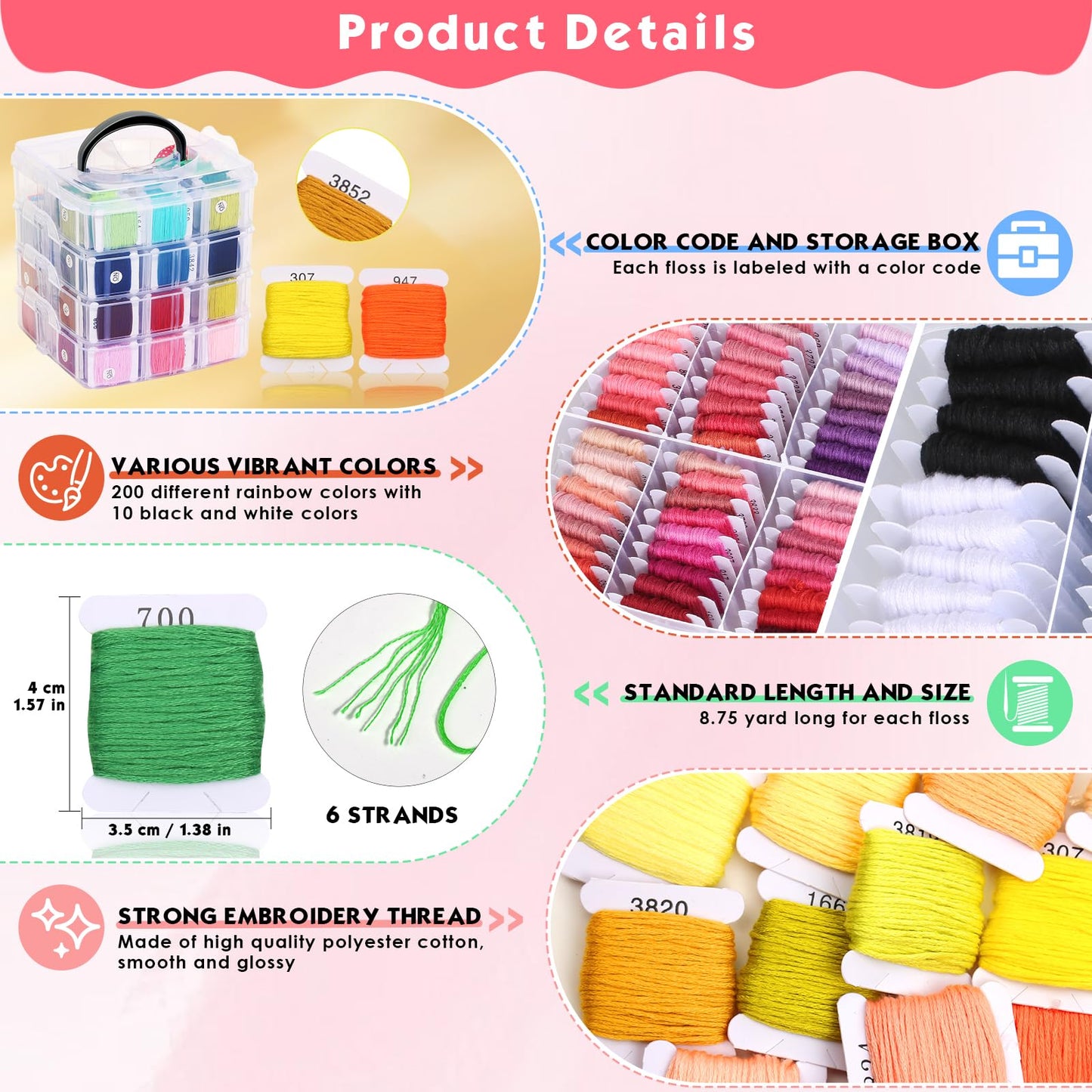 PAXCOO 276 Pack Embroidery Floss Thread Kit Including 210 Colors Cross Stitch Sewing Thread with 66 Pcs Embroidery Accessories and 4-Tier Transparent Embroidery Thread Storage Organizer Box
