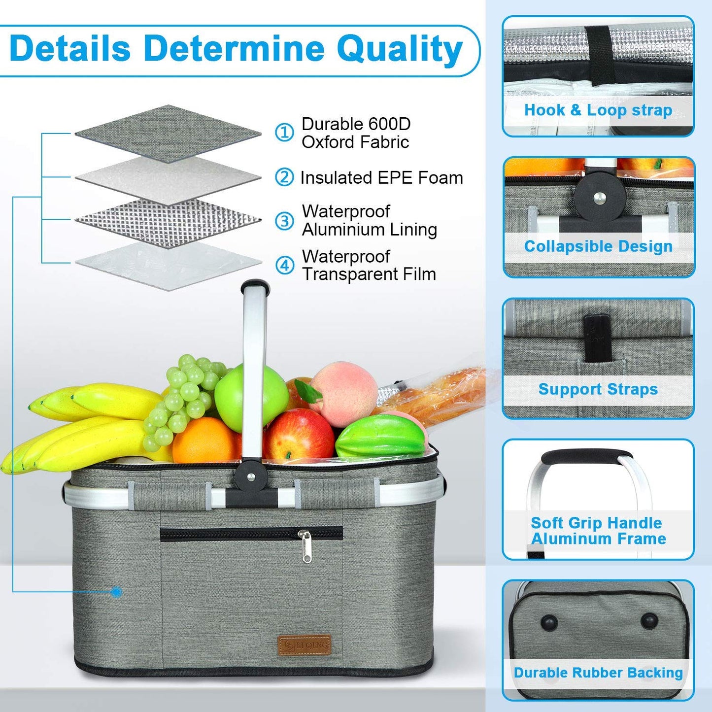 LIQING 35L Large Picnic Basket 2 Layers of Internal Pockets Leak-Proof and Insulated ，Folding with Internal Support for enhansed Stability, Wedding Gifts for Couple(Grey)