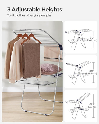 SONGMICS Foldable Clothes Drying Rack - 2-Level Laundry Airer with Adjustable Wings & 33 Rails | Silver and Blue