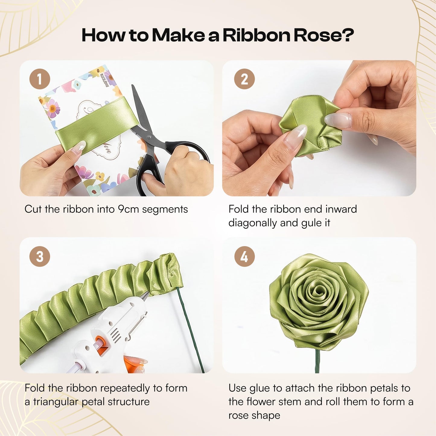 Caydo 1-1/2 Inch Satin Ribbon Flower Making Kit for Birthday Gifts, 50 Yards Sage Green Ribbon with Floral Stem Wire, Wrapping Paper, Glue Stick, 3D Butterfly and Diamond Pins