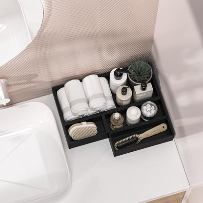 Black Bamboo Kitchen Drawer Organizer Bins for Silverware, Utensils, Cutlery, Stackable Storage