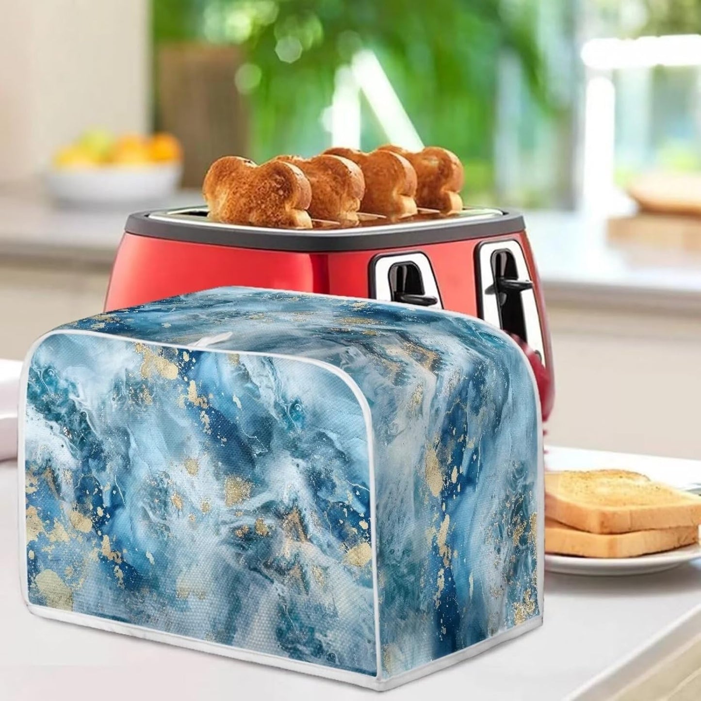 ZDCUSTOM Blue Marble Toaster Cover, Quilted 4 Slice Dustproof Appliance Protector for Kitchen