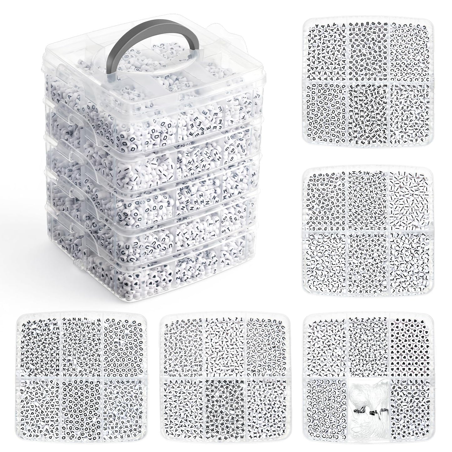Simetufy 9000PCS Letter Beads A-Z Alphabet, 4x7mm Round Letter Bead Kits, Black Alphabet Beads & Smile Number Beads for Bracelets DIY Necklaces Jewelry Making, Black (Stack Box)
