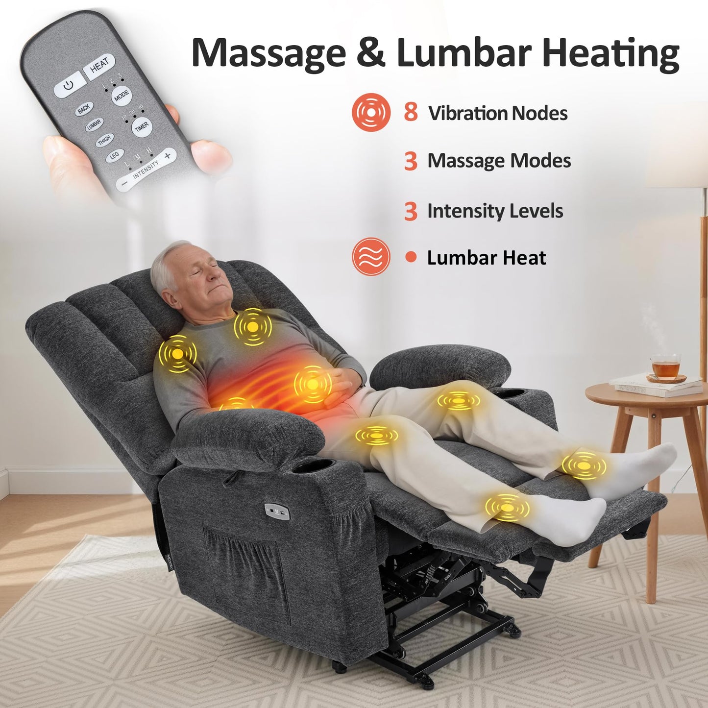 MCombo Power Lift Recliner Chair for Elderly, Lift Chair with Heat and Massage, USB &Type C Ports, Cup Holders, Fabric 7095 (Medium, Dark Grey)