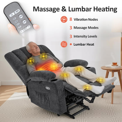MCombo Power Lift Recliner Chair for Elderly, Lift Chair with Heat and Massage, USB &Type C Ports, Cup Holders, Fabric 7095 (Medium, Dark Grey)
