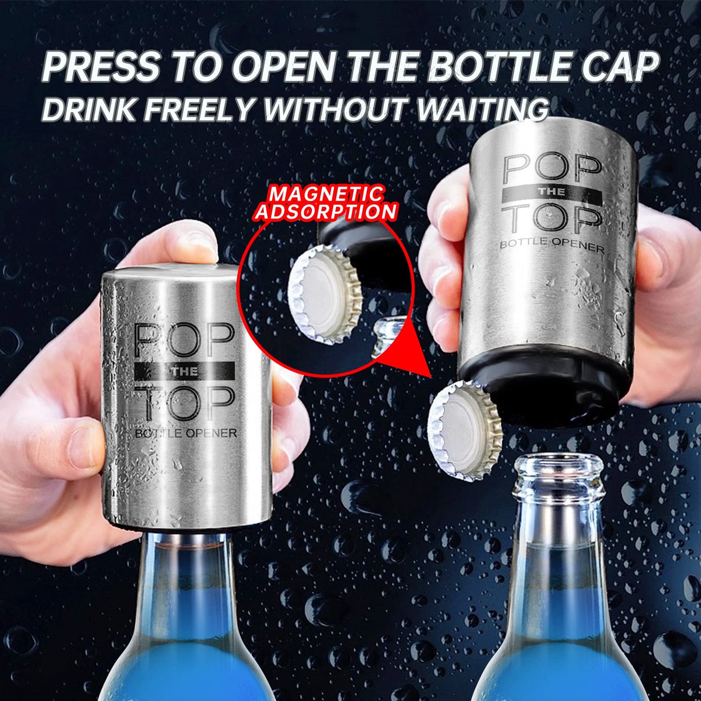 2PCS Beer Bottle Opener with Magnetic Cap, Automatic Stainless Steel One-Handed Bottle Cap Opener, Spring Loaded Push&Pop for Kitchen Home Bar Restaurant Household Utensils Destapador de Cerveza