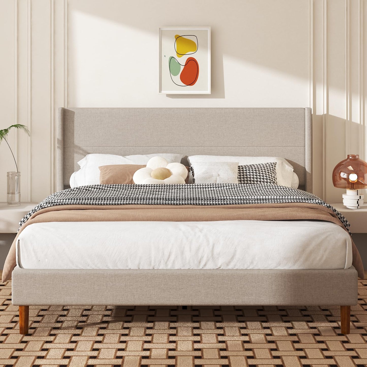 Mxhtcewz King Size Bed Frame, Linen Upholstered Platform with Wingback Headboard, Wooden Slats Support, No Box Spring Needed, Easy Assembly, Beige