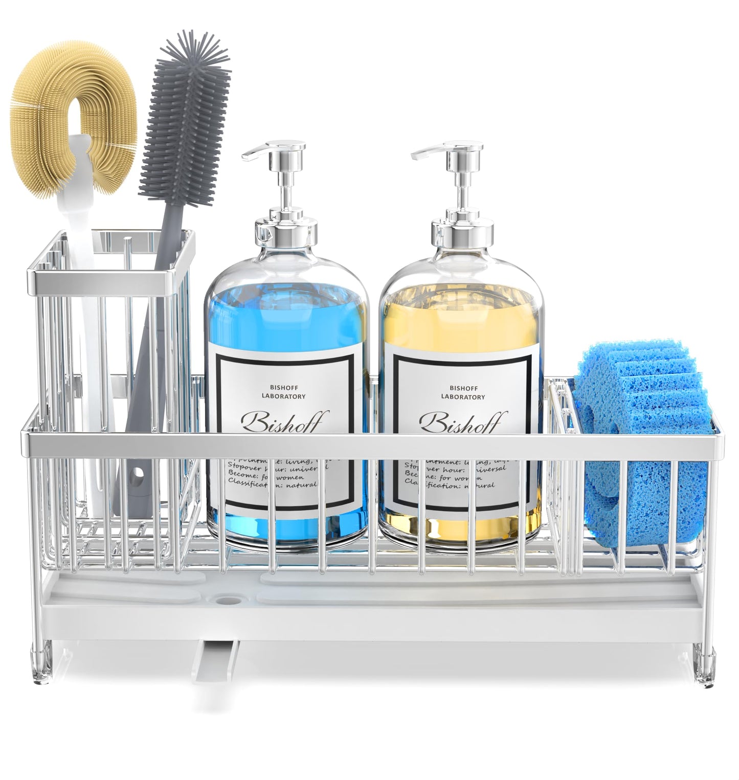 Moforoco Larger Version Sponge Holder for Kitchen Sink, Sink Caddy with High Brush Holder, Kitchen Sink Organizer Countertop Rustproof 304 Stainless Steel (Stainless Steel)