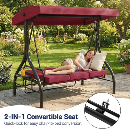 GarveeLife 3-Seat Outdoor Porch Swing with Adjustable Canopy, Convertible Patio Swing Bed with Stand, Thick Cushions & Cup Holders, Weather-Resistant for Backyard, Garden, Porch - Red