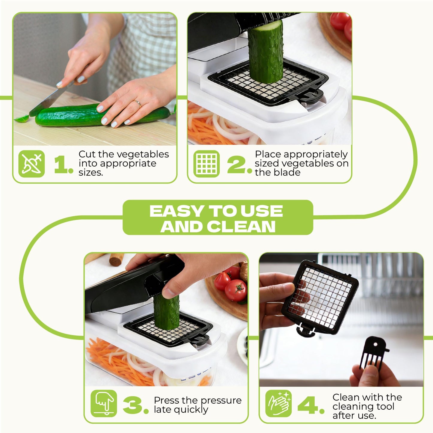 KISIQI Vegetable Chopper With Container 4.5" x 9", 17-in-1 Food Chopper with Onion Slicer & Potato Slicer, Built-in Storage Box for Kitchen Gadgets, Includes Safety Gloves & Peeler for Home Essentials