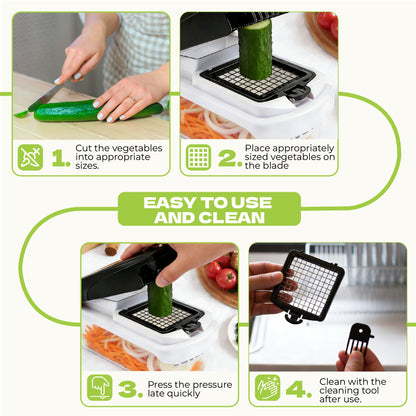 KISIQI Vegetable Chopper With Container 4.5" x 9", 17-in-1 Food Chopper with Onion Slicer & Potato Slicer, Built-in Storage Box for Kitchen Gadgets, Includes Safety Gloves & Peeler for Home Essentials