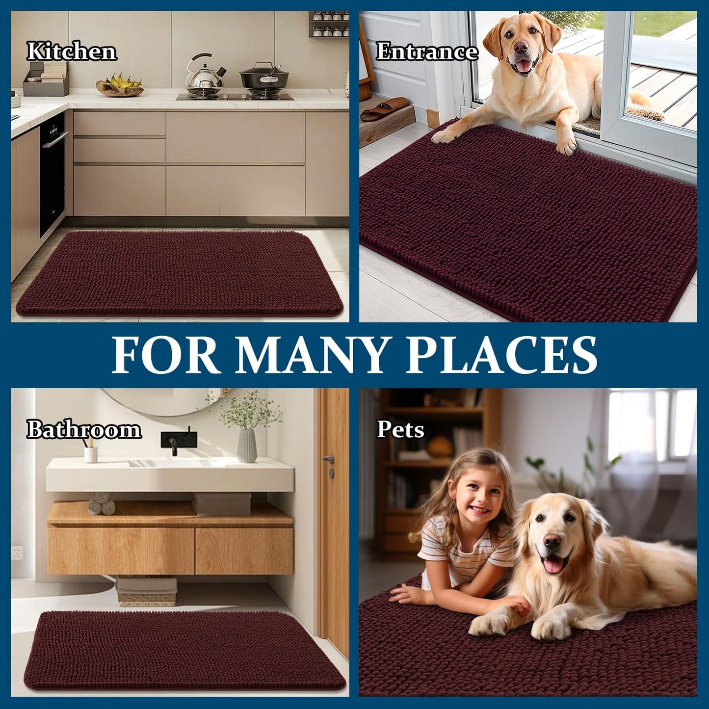 OLANLY Dog Door Mat - Absorbent Non-Slip Mud Mat for Indoor Use | Quick Dry Chenille, 45x27, Russet