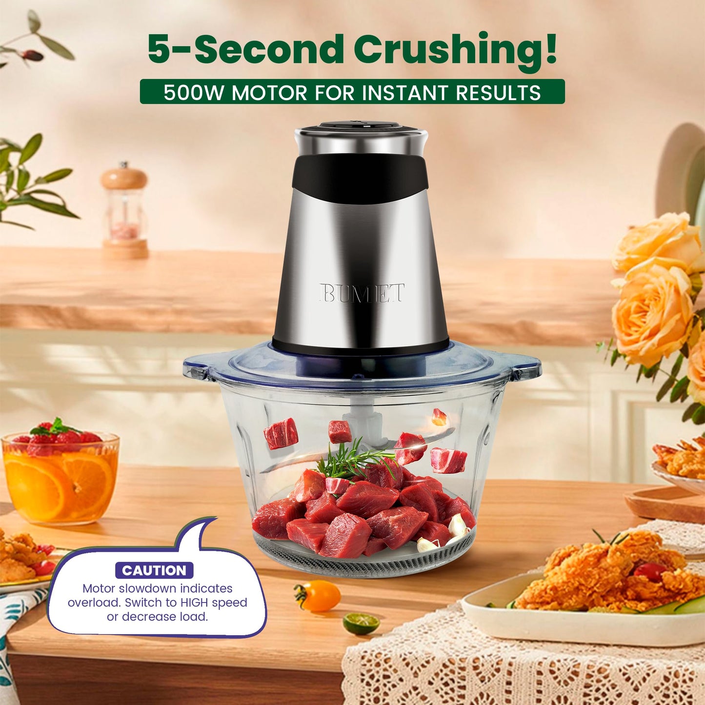 BUMET Electric food processor vegetable chopper 500W 2x8cup bowls 2 bi-layer 4 blades Small Food chopper ideal as Electric Meat grinder for home use,Mincing,chopping for kitchen aid,baby foot,pet food
