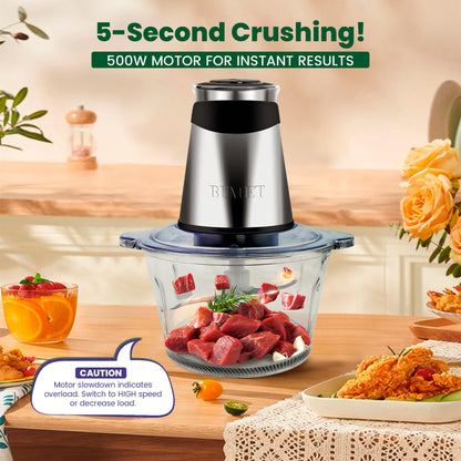 BUMET Electric food processor vegetable chopper 500W 2x8cup bowls 2 bi-layer 4 blades Small Food chopper ideal as Electric Meat grinder for home use,Mincing,chopping for kitchen aid,baby foot,pet food