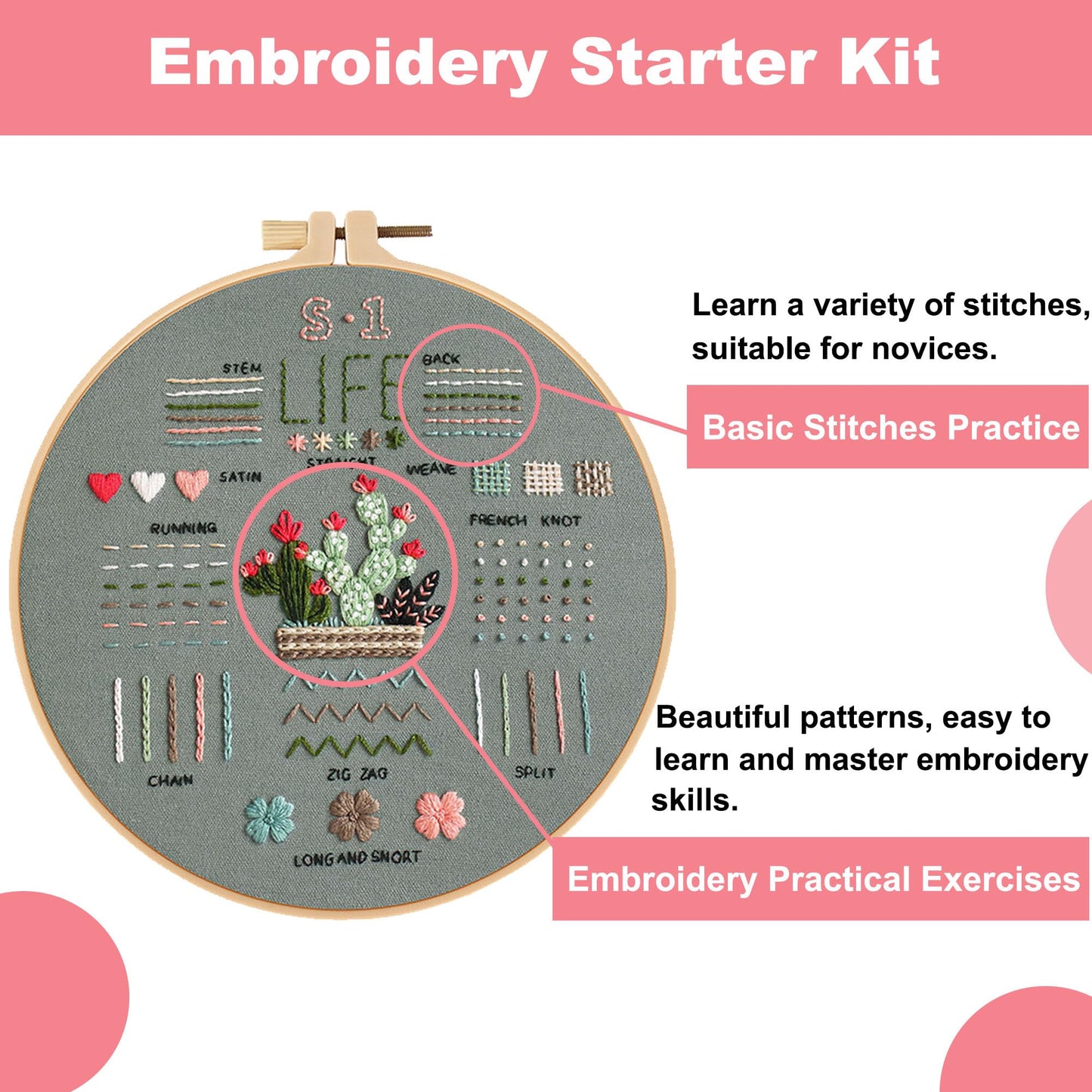 3 Sets Embroidery Starter Kit for Beginners Adults and Kids, Hand Embroidery Kits with Stamped Patterns, Floral Embroidery Stitches Kit DIY Craft Includes Hoop, Threads, Cloth, Storage Bag