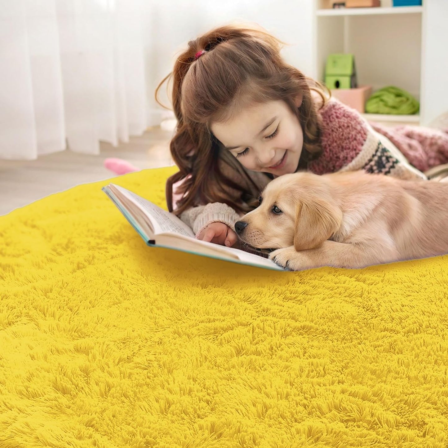 OLANLY Yellow Round Area Rug - Soft, Fluffy, Machine Washable 6 ft Circle Carpet for Bedroom & Living Room