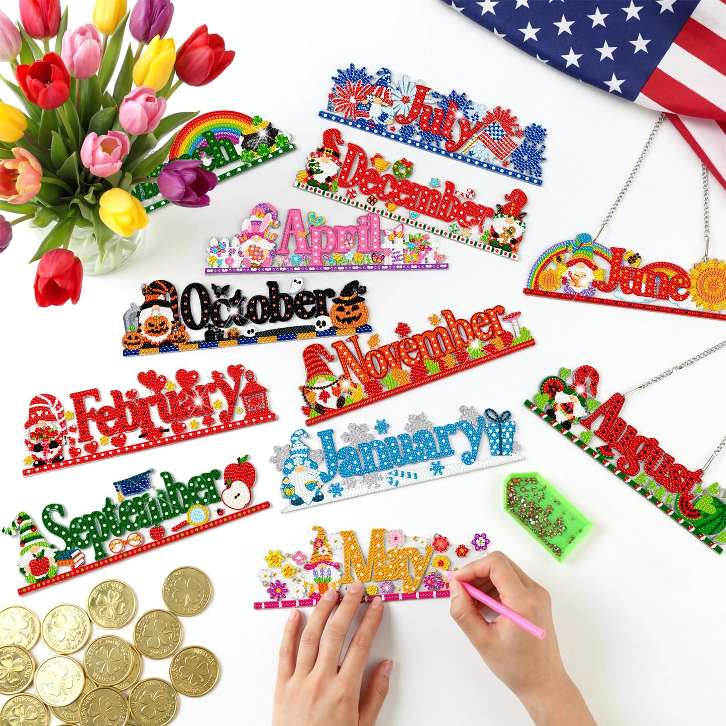 BreezeHug 12 Pcs Seasonal Diamond Art Wreath Kits Holiday 5d DIY Diamond Painting Signs Month Germ Hanging Art Ornaments Crystal Rhinestone Suncatcher for Wall Door Decorations(Gnomes)