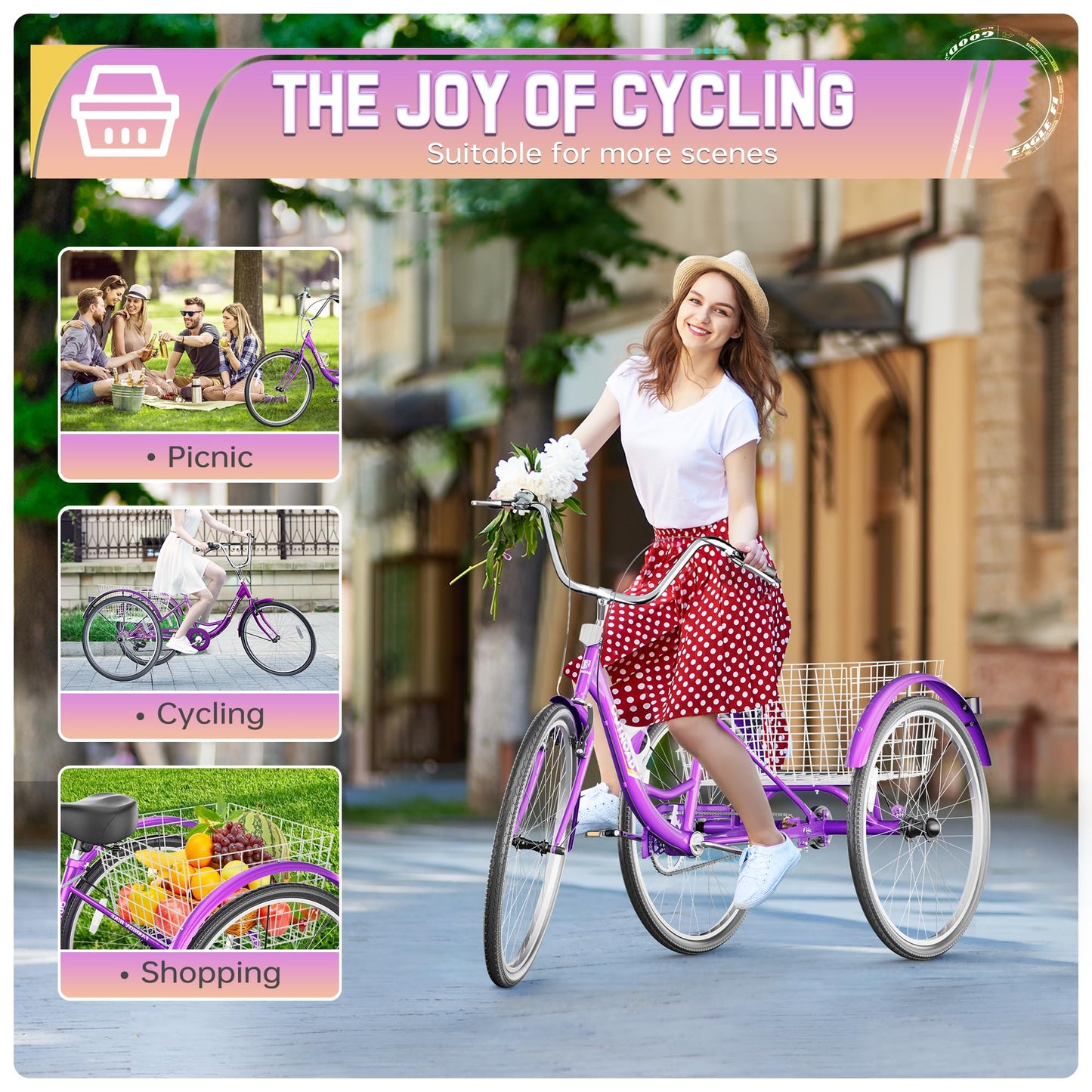 MarKnig 1 Speed Adult Tricycle, 3 Wheel Bikes with Large Basket, Cruiser Bike for Women/Men/Seniors, Adult Trike for Outdoor/Shopping/Recreation/Picnic(24Inch Purple)
