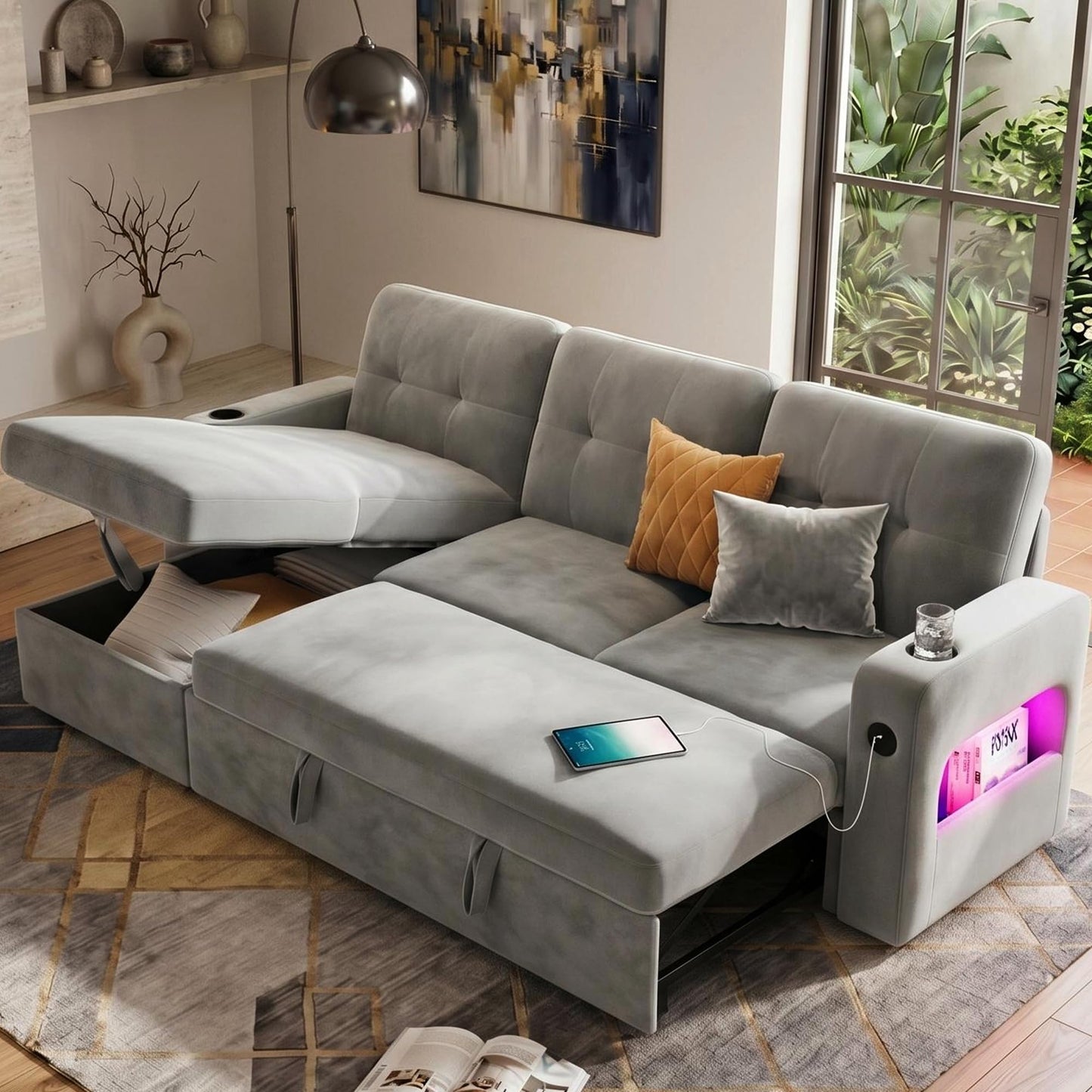 IDEALHOUSE 84" L Shaped Sleeper Sofa, Convertible Pull-Out Couch Bed with Storage & Charging Station, Sectional Sofa Bed with Cup Holder, Reversible Chaise for Living Room, Velvet, Light Gray