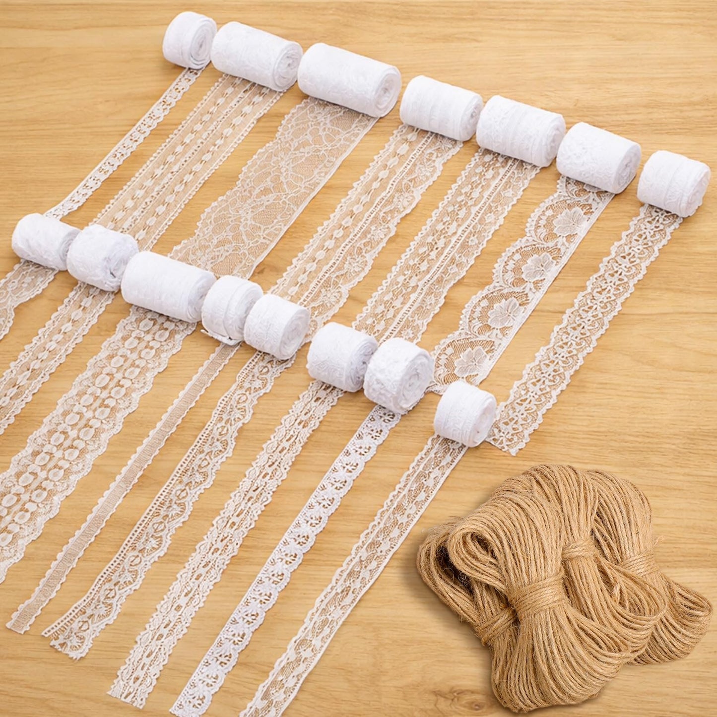 Hoteam 49 Yards White Lace Ribbon 15 Rolls and 328 ft Jute Twine, Craft Ribbon 0.5 to 2.36 Inch Assorted Pattern for Wedding Party Rustic Decoration Gift Wrapping DIY Crafts Home, 3.28 Yards for Each