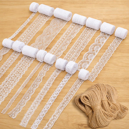 Hoteam 49 Yards White Lace Ribbon 15 Rolls and 328 ft Jute Twine, Craft Ribbon 0.5 to 2.36 Inch Assorted Pattern for Wedding Party Rustic Decoration Gift Wrapping DIY Crafts Home, 3.28 Yards for Each
