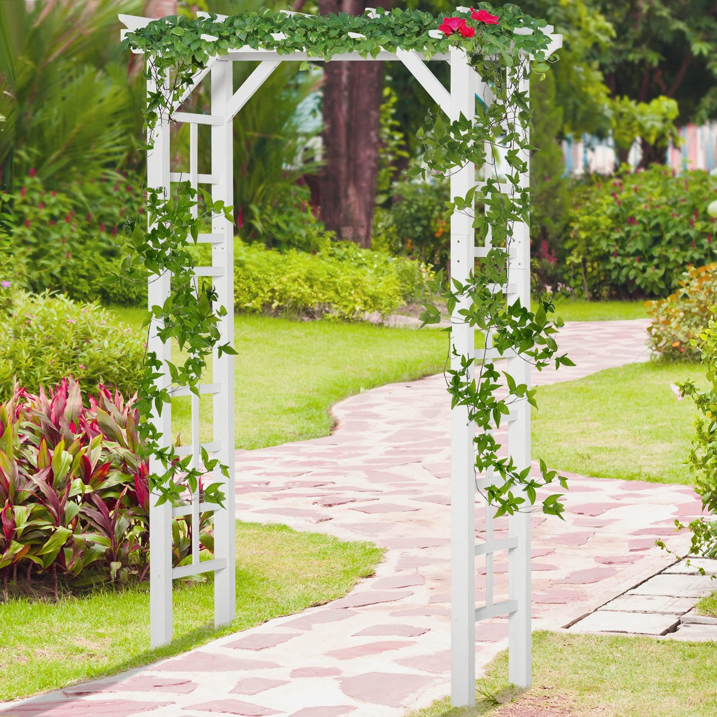 85" White Wooden Garden Arch with Trellis, Outdoor Arbor for Climbing Vines, Heavy Duty Wood Frame Trellis for Roses, Wisteria, Cucumbers, Backyard Patio Decor