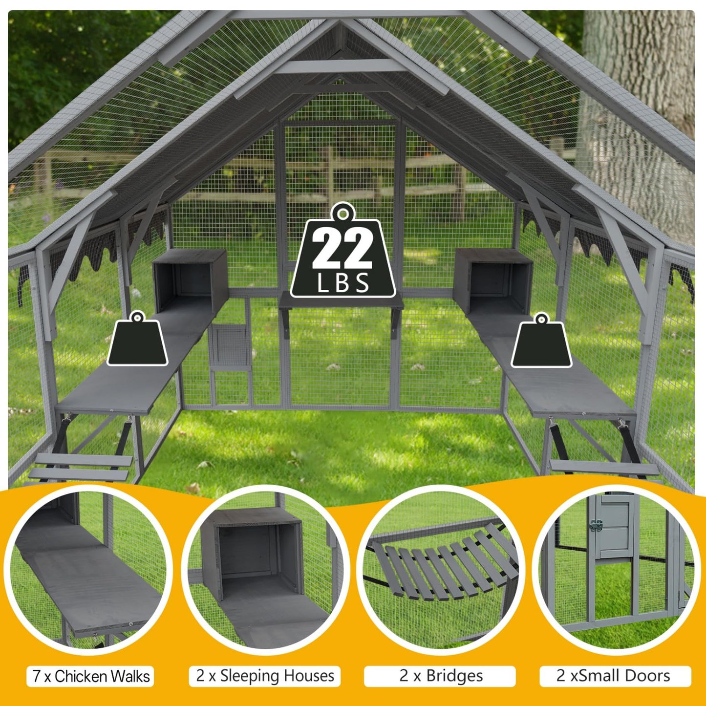 KEIKI 110"L Outdoor Large Chicken Coop with Waterproof Cover, Roosting Platform, Wire Mesh & 2 Lift Small Doors with Locks, Wood Chicken Coop House with Run for Cat Kitten Playpen, Duck, Rabbit, Quail