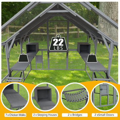 KEIKI 110"L Outdoor Large Chicken Coop with Waterproof Cover, Roosting Platform, Wire Mesh & 2 Lift Small Doors with Locks, Wood Chicken Coop House with Run for Cat Kitten Playpen, Duck, Rabbit, Quail