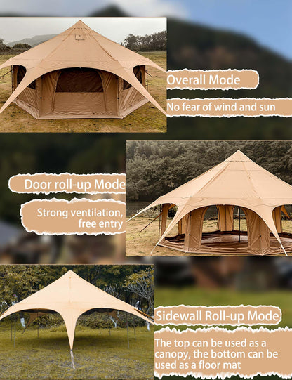 Thcbme 5M Cotton Canvas Bell Tent - Yurts with Stove Jack, Windproof, Breathable Shade, Family Camping Travel, Group Activities, 4 Season Polyester (6-10People), Khaki, 16.4ft (MXT16.4ft-KQ)