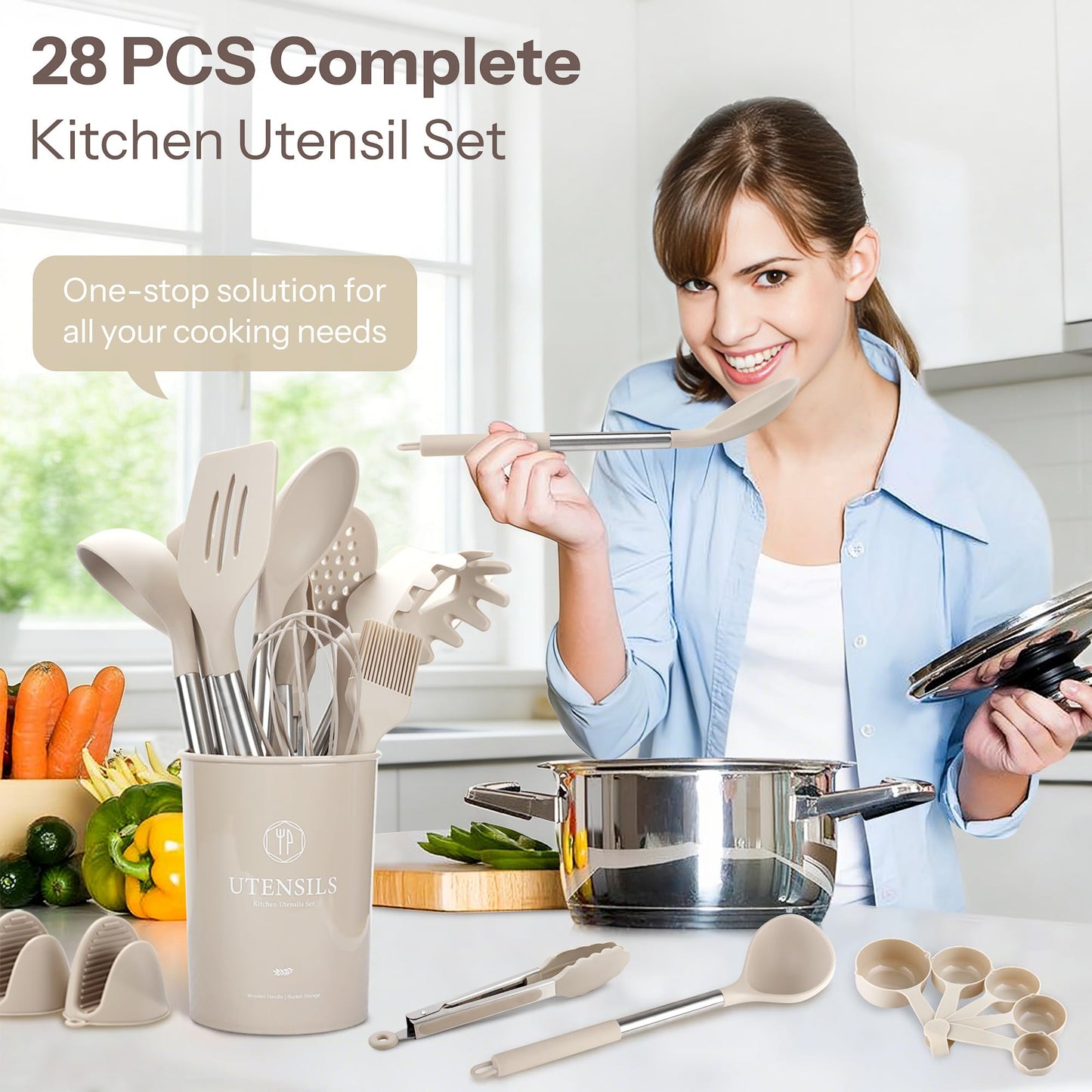 NCUE Silicone Cooking Utensils Set, 28 Pcs Kitchen Utensils Set 446°F Heat Resistant Spatula Set, Food Grade Silicone and Stainless Steel Handle Kitchen Gadgets for Nonstick Cookware BPA Free