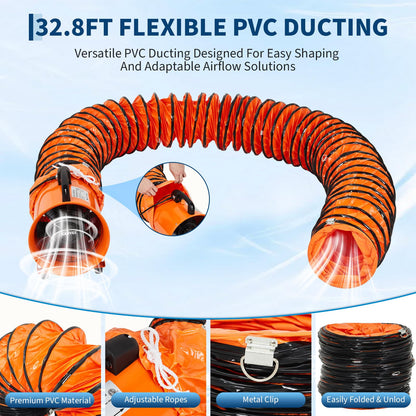 8 Inch Utility Blower Fan, Portable Air Mover Blower Fan with 32.8 ft Flexible Duct Hose, 1100 CFM Low Noise Portable Industrial Exhaust Fan/Extractor/Ventilator for Basements Workshops Warehouses
