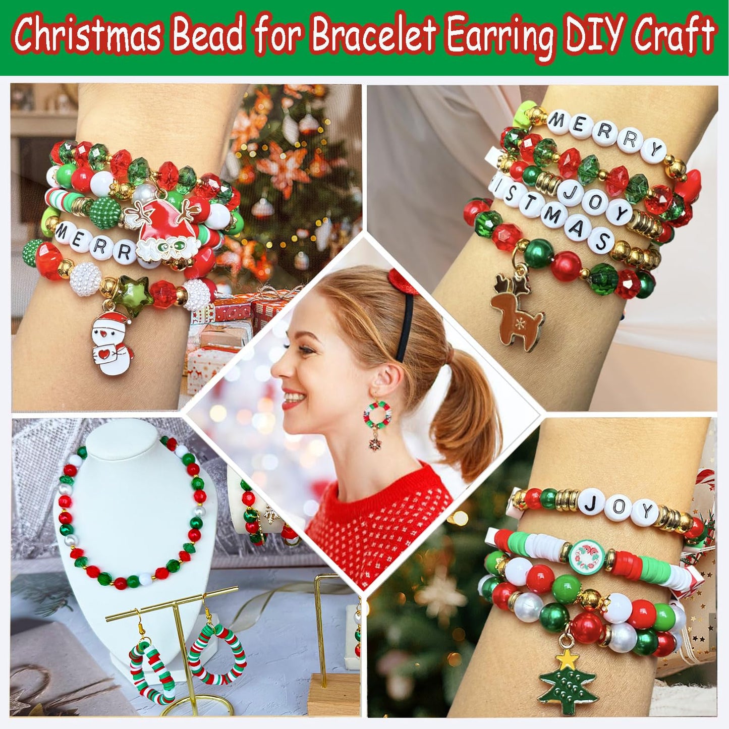 1540PCS Christmas Beads for Bracelets Jewelry Making Kit, Christmas Tree Snowflake Charms, Red Green Xmas Clay Beads Assorted Acrylic Crystal Round Pearl Star Spacer Bead for DIY Crafts Necklace