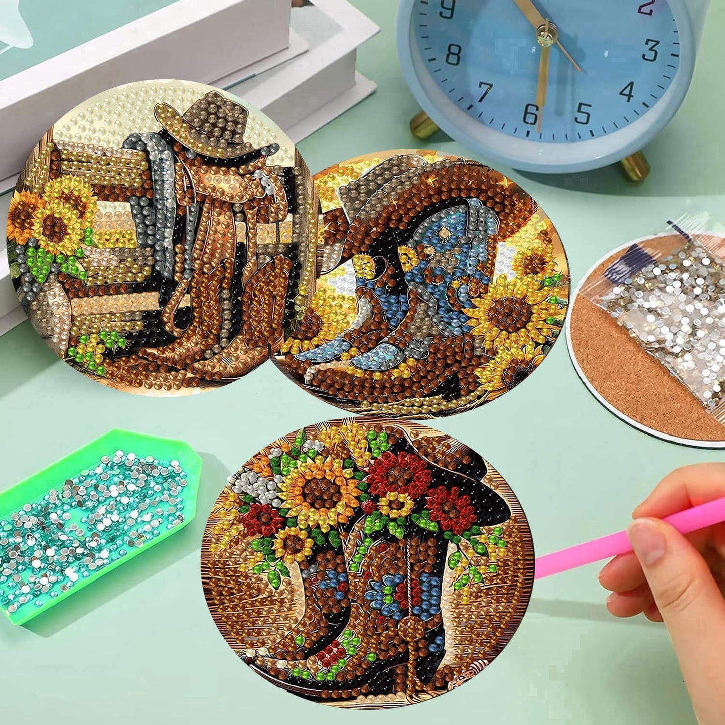 8 Pcs Diamond Art Coasters Kit for Adults, Cowboy Boots Flowers Diamond Painting Coasters with Holder Cork Pads, DIY Diamond Art Non Slip Coaster Crafts Kits for Adults Beginners Gifts