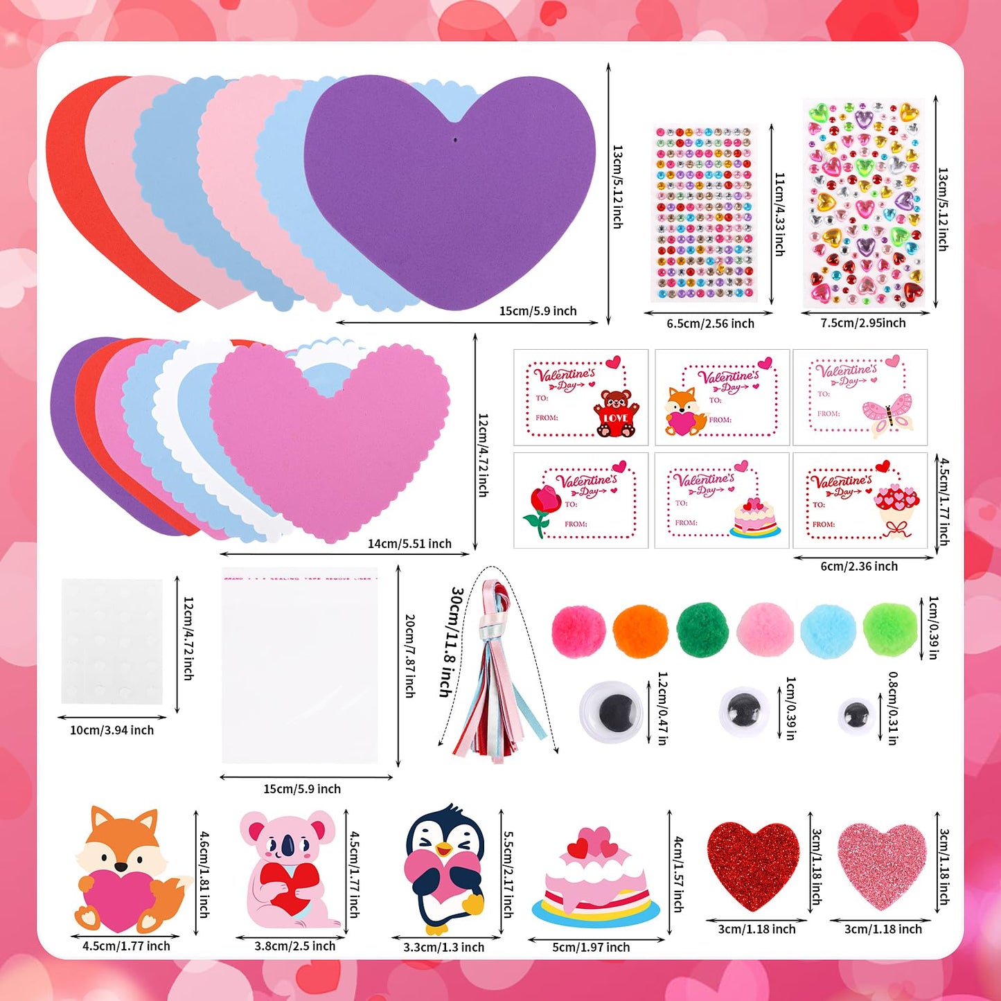LOAVER 24 Sets Valentines Day Heart Ornaments Craft Kit,DIY Assorted Foam Heart with Shape Stickers Googly Eyes Rhinestones Bookmark for Valentines Day Presents Gift Exchange Craft Supplies