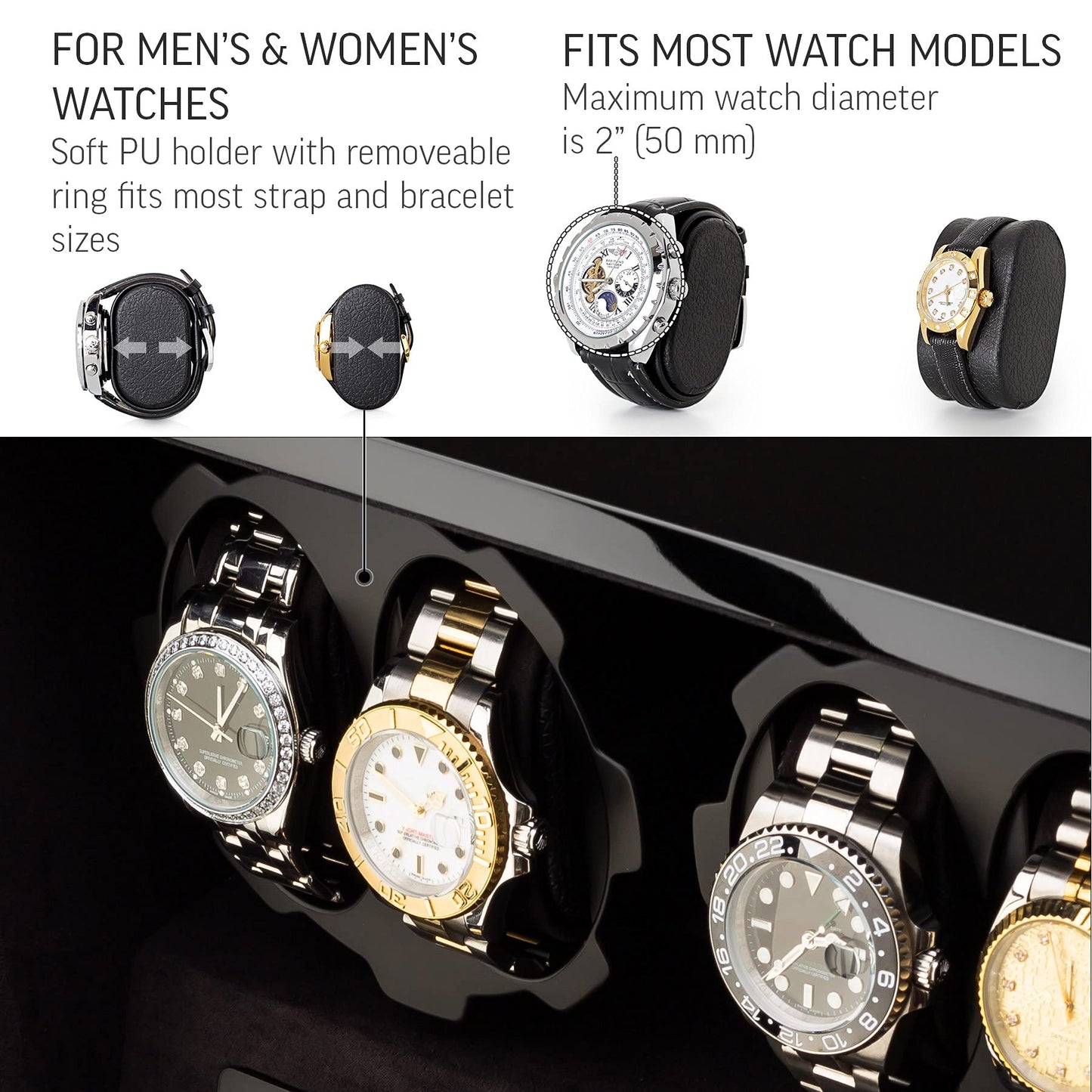 4 Watch Winder with 5 Watch Storage Space, LCD Display, Touch Control and Interior Light (Black + Black)