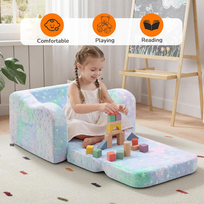 2-in-1 MeMoreCool Glowing Pastel Rainbow Kids Chair, Foldable Kids Couch and Kids Sofa for Playroom Nursery, Soft Foam