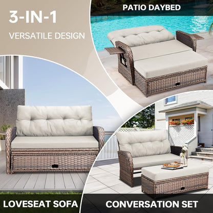 Bellefurn Outdoor Daybed, Patio Daybed Wicker Recliner for Two with Multifunctional Recliner and Stowable Side Tray, 5 Level Adjustable Backrest (Beige)