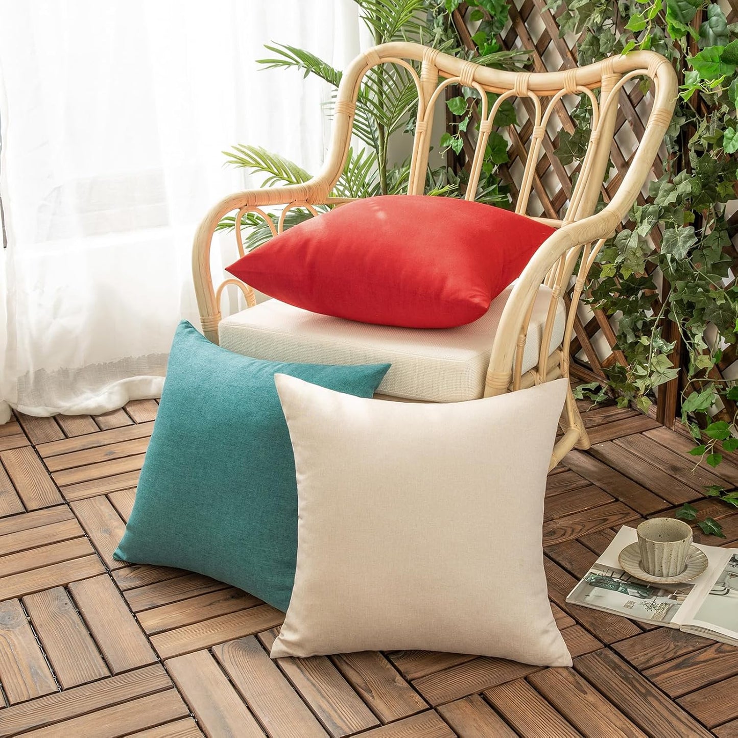 Woaboy Set of 2 Red Outdoor Throw Pillow Covers, Decorative Waterproof Farmhouse Linen Cushion Cases 16x16 inch