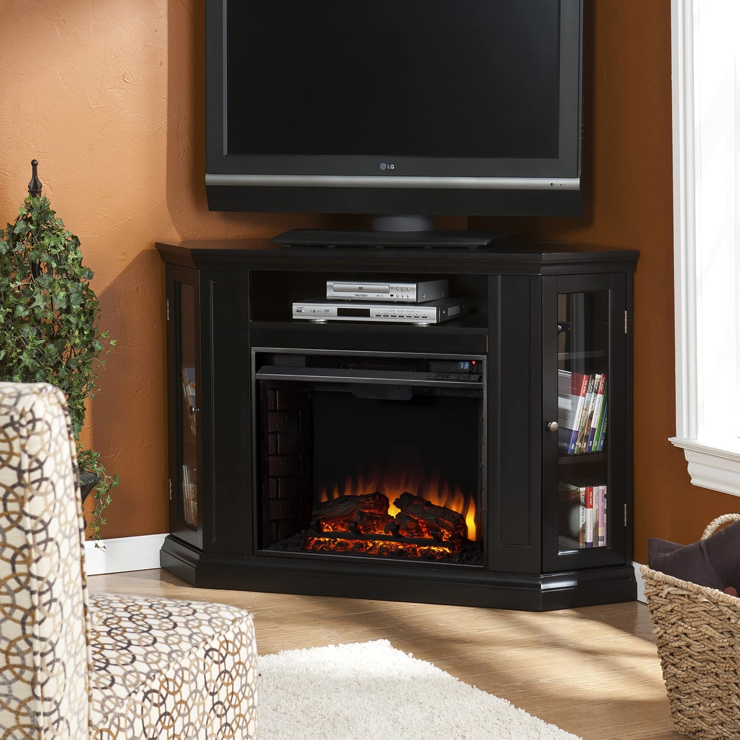SEI Furniture Claremont Convertible Corner Electric Fireplace Media Stand with Storage, Black
