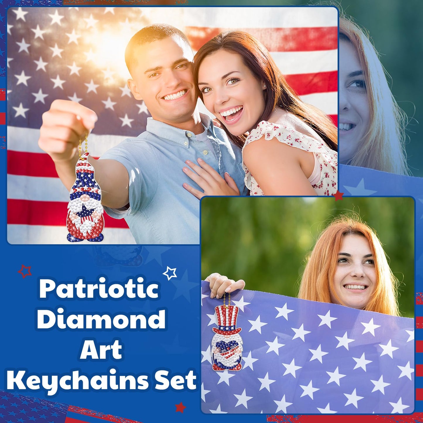 Outus 24 Pcs 4th of July Diamond Art Keychains Patriotic Diamond Keychains Memorial Day Gnome American Flag Double-Sided 5d DIY Art for Beginners Adults 250th Anniversary Independence Day Party Favors