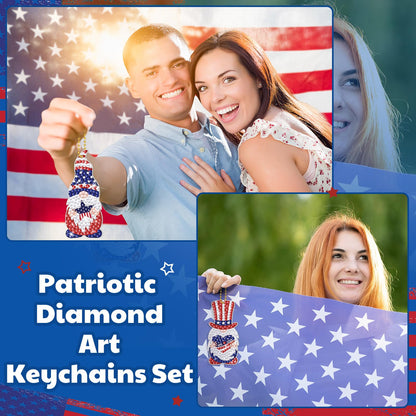 Outus 24 Pcs 4th of July Diamond Art Keychains Patriotic Diamond Keychains Memorial Day Gnome American Flag Double-Sided 5d DIY Art for Beginners Adults 250th Anniversary Independence Day Party Favors