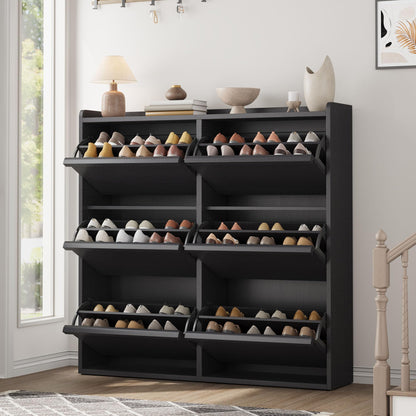 Patikuin Shoe Storage Cabinet with 6 Flip-Down Doors, Wooden Entryway Shoe Organizer with Adjustable Shelf, Hidden Hallway & Living Room Storage