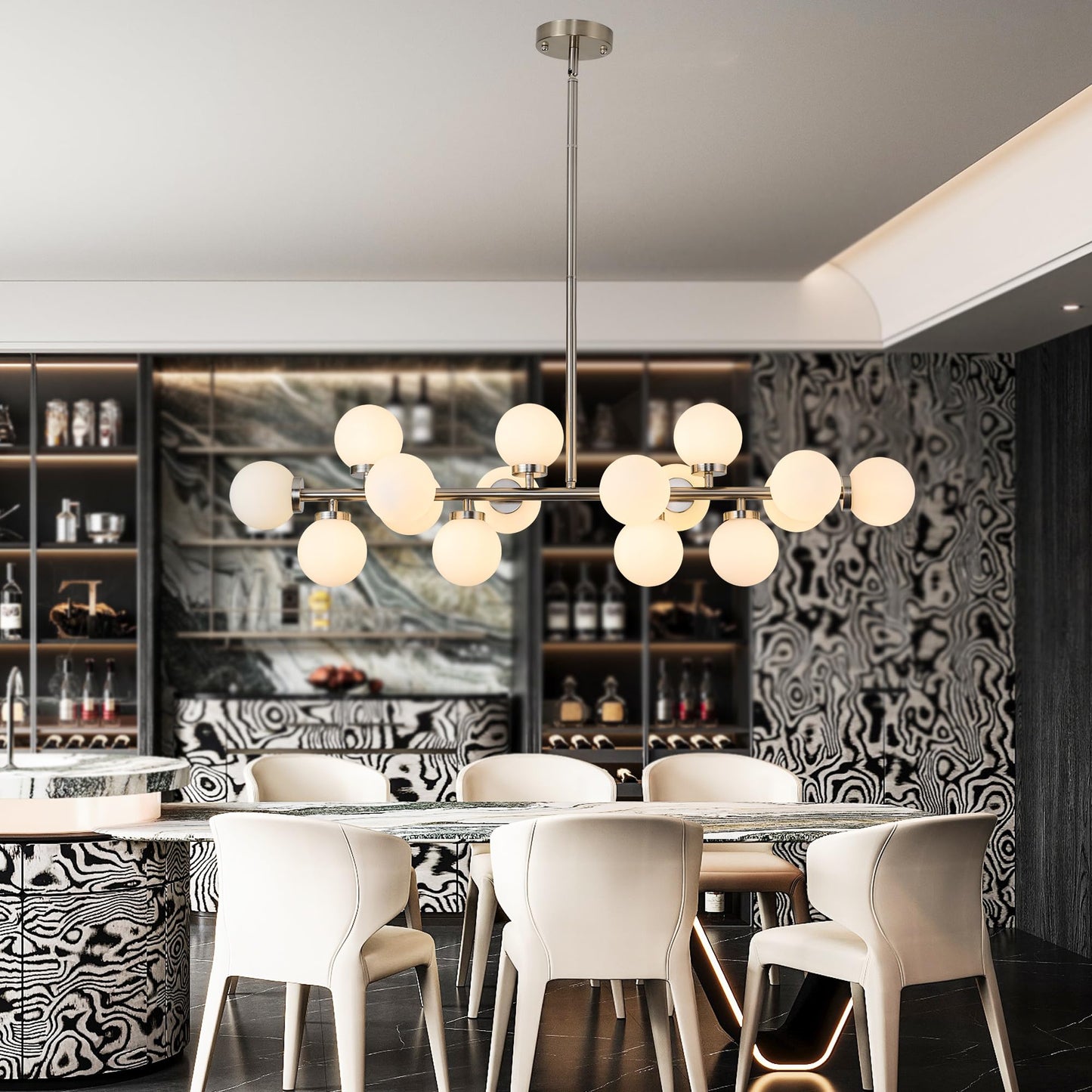 Linear Chandeliers Modern Brushed Nickel Chandeliers for Dining Room 16-Lights and White Glass Pendant Lighting Mid Century Globe Dining Light Fixture for Living Room Kitchen