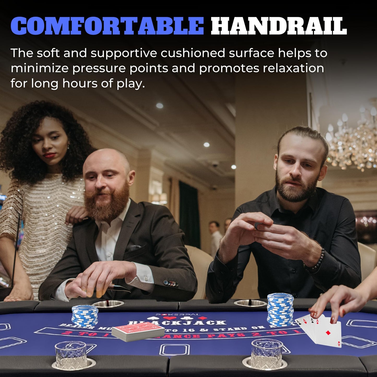 8 Player Poker Table with 2 Interchangeable Game mats, Texas Holdem Poker and Blackjack, Collapsible Casino Table with Padded Rails and XXL Cup Holders for Wine and Whiskey Glasses, (71 in) - Blue