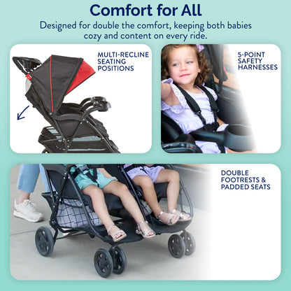 Kolcraft Cloud Plus Lightweight Double Stroller Side-by-Side for Infant Toddler, Compact Folding Travel System with Reclining Seats, Canopies, Storage Basket, Trays, Easy Maneuver – Red Black