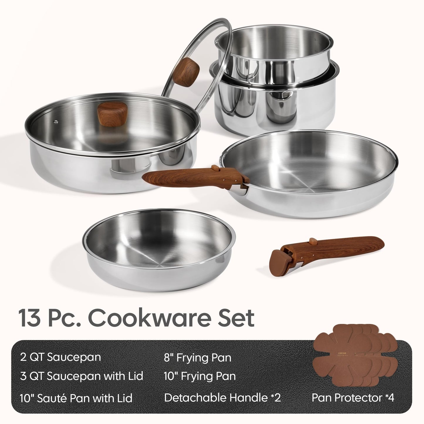 CAROTE 13 PCS Tri-Ply Stainless Steel Cookware Set with Detachable Handle, Pots and Pans Set, Induction Kitchen Cooking Sets, RV/Camping Cookware, Oven Safe