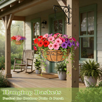 Qusuxi 4 Pack 14 Inch Hanging Baskets for Plants Outdoor Metal Hanging Planter Hanging Flower Baskets with Coco Fiber Liners Chain Round Wire Plant Holder Hangings Flower Pots(Plaid)