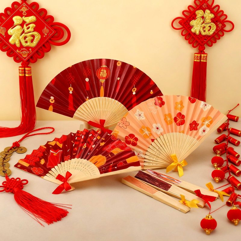 Roowest 36 Pcs Chinese New Year Paper Fans with Bamboo Handles - Asian Oriental 2026 Lunar New Year Decoration Folding Fans Bulk for Japanese Chinese Festival Wall Decor Party Favor Gifts