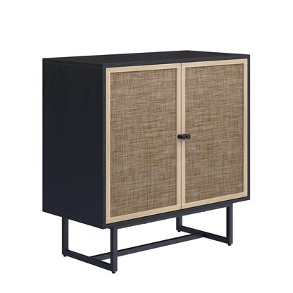 Nathan James Kova Rattan Wood Accent Sideboard Storage Cabinet TV Stand with Matte Metal Frame, Adjustable Shelves and Cane Doors, for Hallway, Entryway or Living Room, Black Oak/Cane, Set of 3